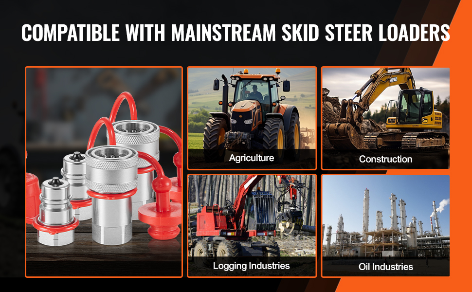 VEVOR hydraulic quick connect couplers compatible with skid steer loaders in agriculture and construction.