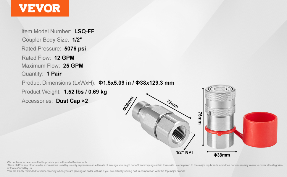 VEVOR hydraulic couplers, lsq-ff model, 5076 psi, 12 gpm flow, 1/2" body size, with dust caps.