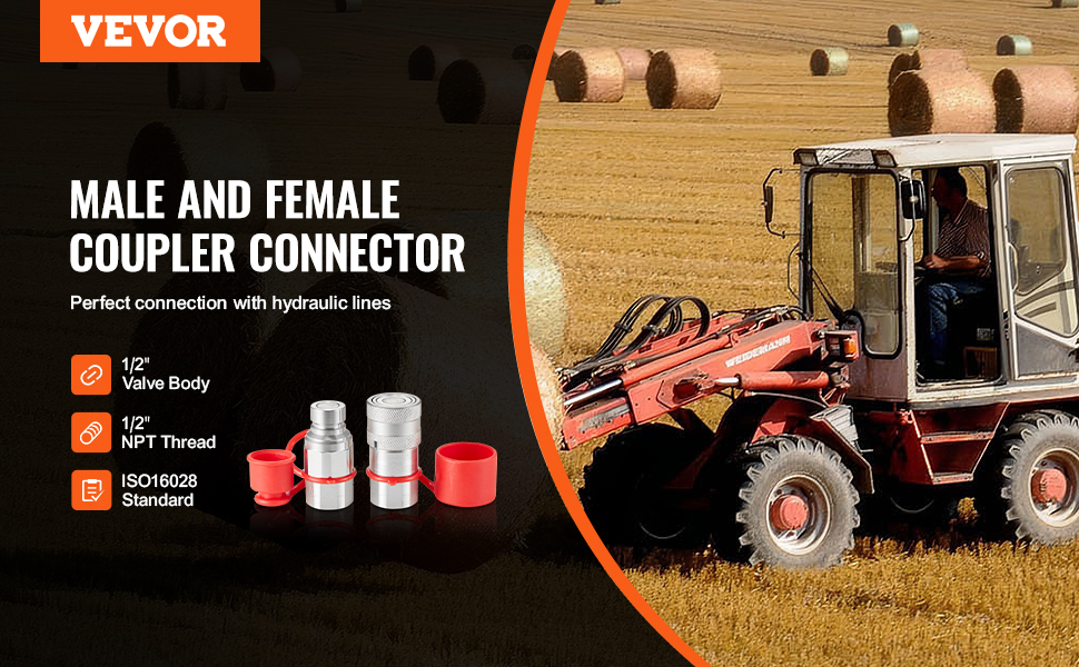 VEVOR hydraulic couplers on tractor in hay field, showcasing male and female connector specifications.