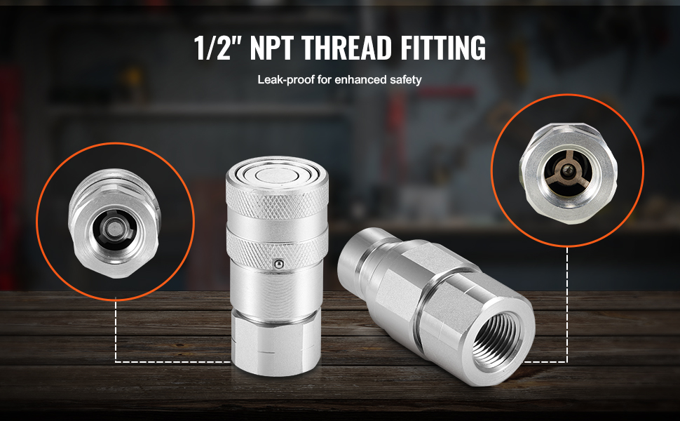 1/2" npt thread fitting with VEVOR hydraulic couplers; leak-proof, enhanced safety.