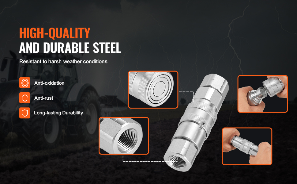 high-quality VEVOR hydraulic couplers made of durable steel, resistant to harsh weather, anti-rust, and long-lasting.