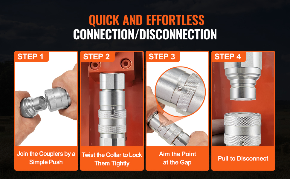 quick and effortless connection with VEVOR hydraulic couplers; join, twist, aim, and pull to disconnect.