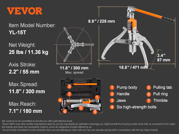 VEVOR hydraulic gear puller yl-15t with 11.8" max spread, 7.1" max reach, and 25 lbs net weight.