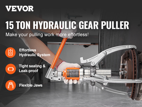VEVOR 15 ton hydraulic gear puller being used on a vehicle brake system, showcasing key features.
