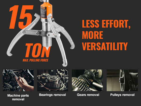 VEVOR hydraulic gear puller with 15-ton max force for machine parts, bearings, gears, and pulleys removal.