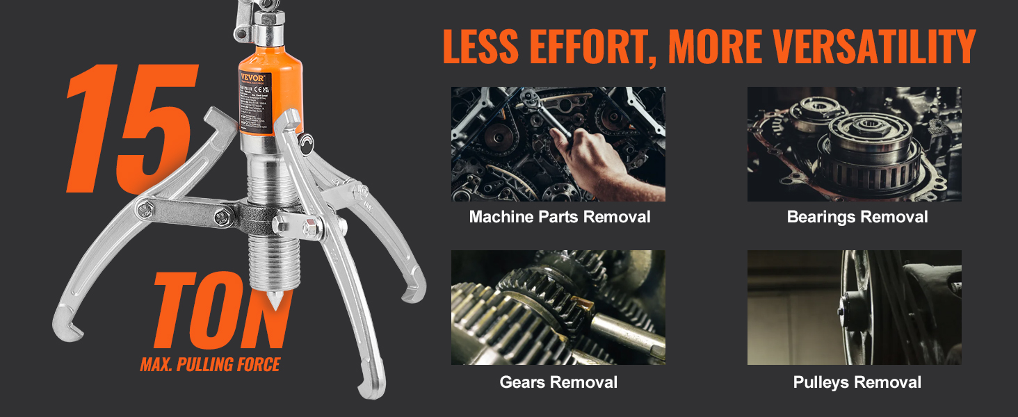 VEVOR hydraulic gear puller with 15-ton max force for machine parts, bearings, gears, and pulleys removal.