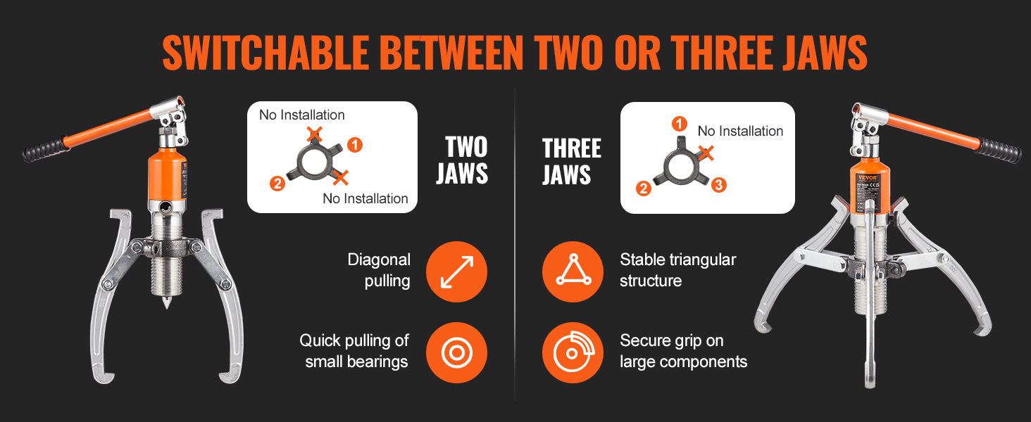 VEVOR hydraulic gear puller showcasing two and three-jaw options for versatile component extraction.