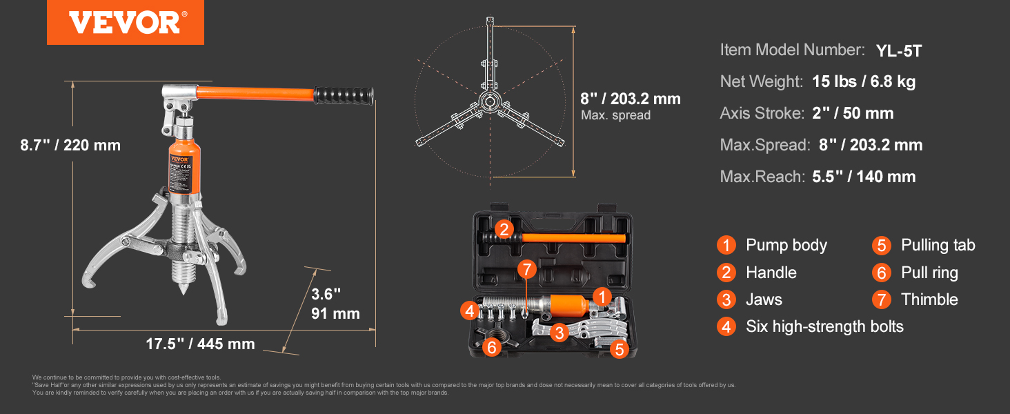 VEVOR hydraulic gear puller yl-5t with 8" max spread and 5.5" max reach. includes pump body and handle.