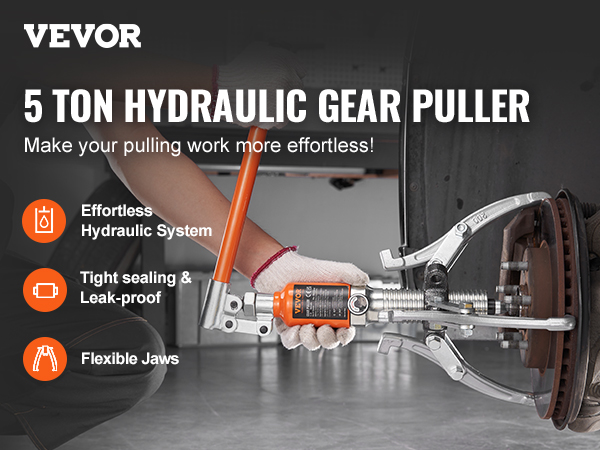 VEVOR hydraulic gear puller in use on a vehicle, showing flexible jaws and effortless hydraulic system.