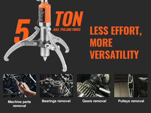 VEVOR hydraulic gear puller with 5-ton max pulling force, ideal for machine parts, bearings, gears, and pulleys removal.
