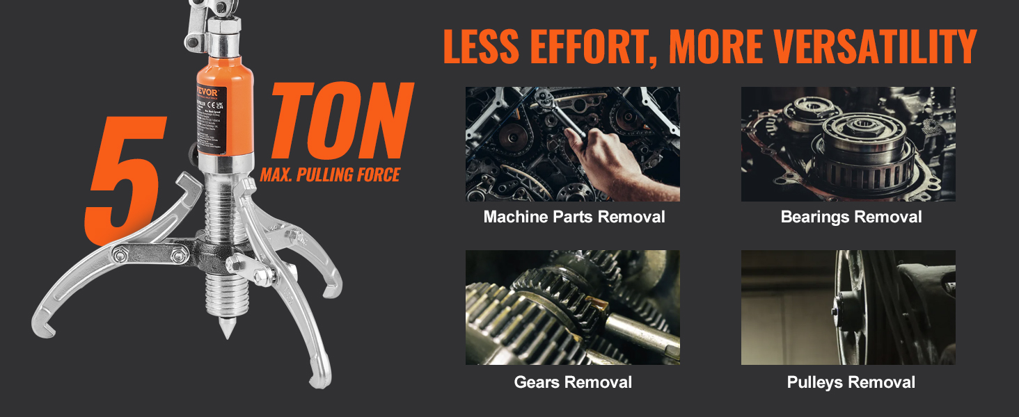 VEVOR hydraulic gear puller with 5-ton max pulling force, ideal for machine parts, bearings, gears, and pulleys removal.