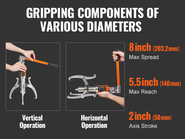 VEVOR hydraulic gear puller for vertical and horizontal operation, 8-inch max spread, 5.5-inch reach.