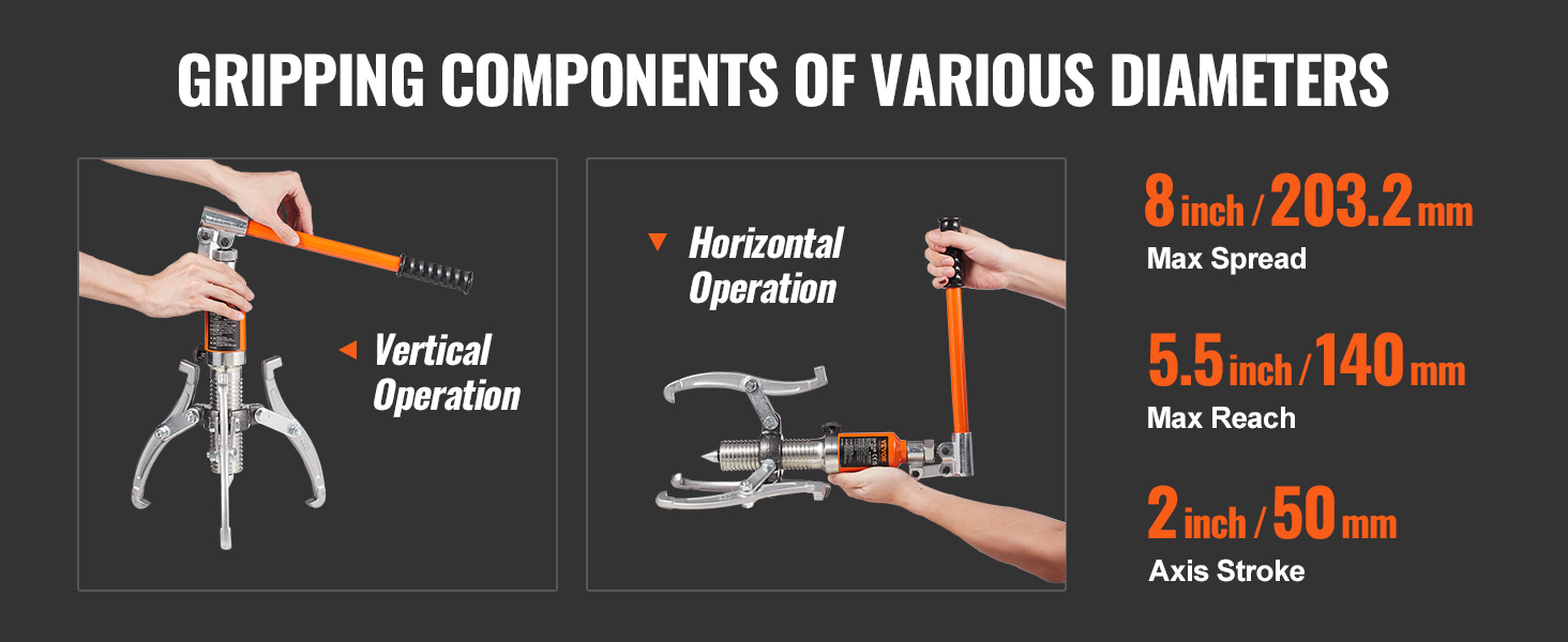 VEVOR hydraulic gear puller for vertical and horizontal operation, 8-inch max spread, 5.5-inch reach.