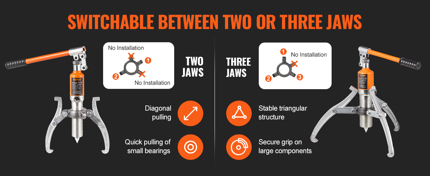 VEVOR hydraulic gear puller shows switchable two or three jaws for versatile bearing removal.