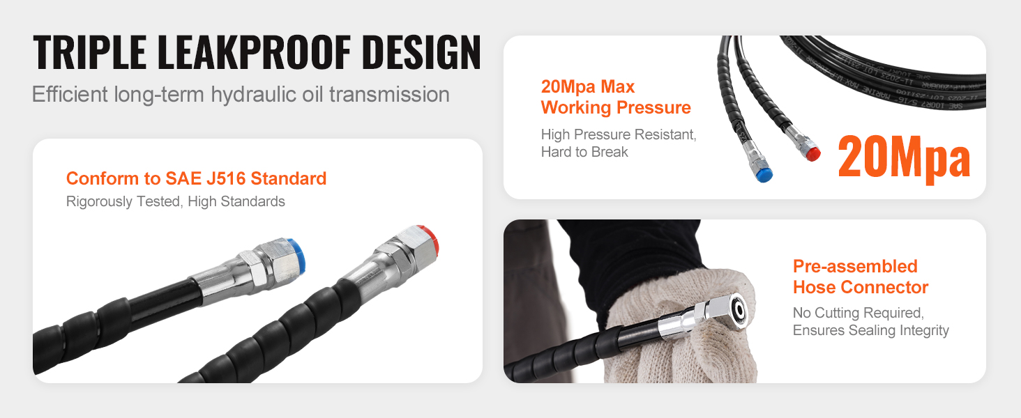 triple leakproof VEVOR hydraulic steering hose with sae j516 standard, 20mpa, pre-assembled connector.