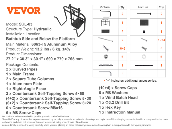 VEVOR hot tub cover lift scl-03 includes main frame, curved pipes, screws, and installation hardware.