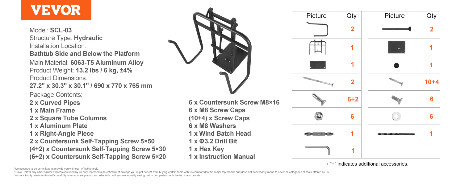VEVOR hot tub cover lift scl-03 includes main frame, curved pipes, screws, and installation hardware.
