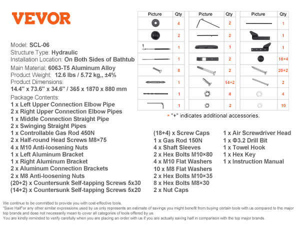 VEVOR hot tub cover lift components with item list and quantities for assembly.
