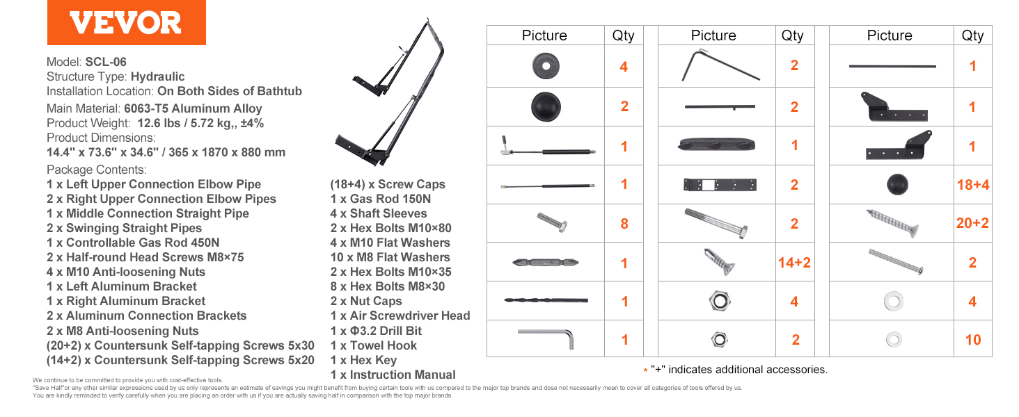 VEVOR hot tub cover lift components with item list and quantities for assembly.