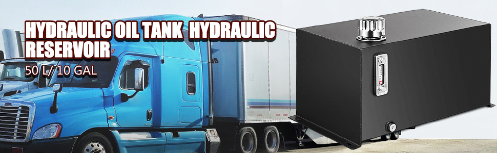 VEVOR hydraulic fluid tank alongside a blue truck and trailer, 50l/10 gal capacity.