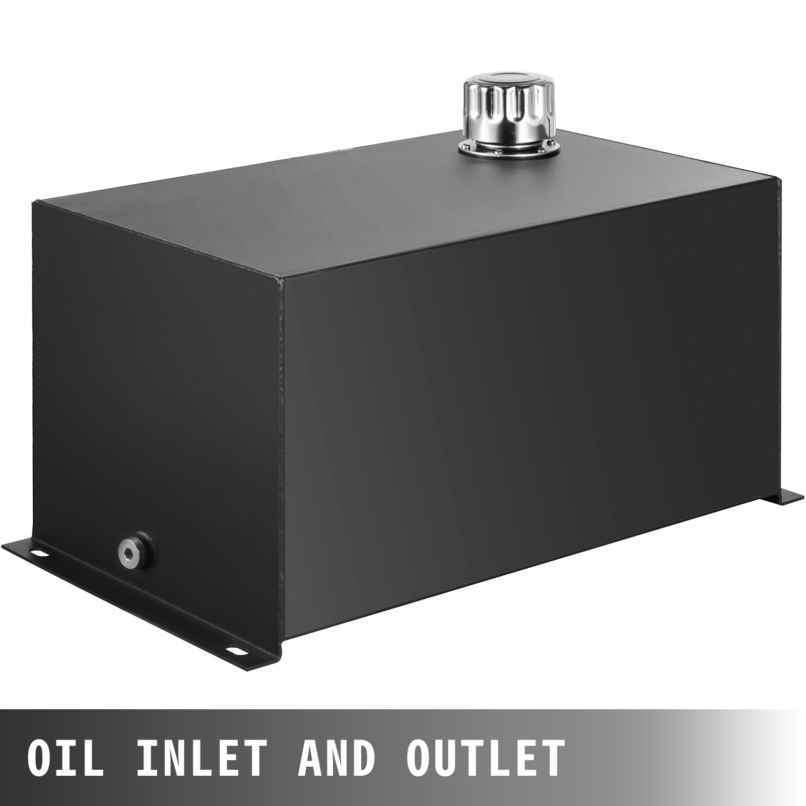 black VEVOR hydraulic fluid tank with metal cap, labeled "oil inlet and outlet".