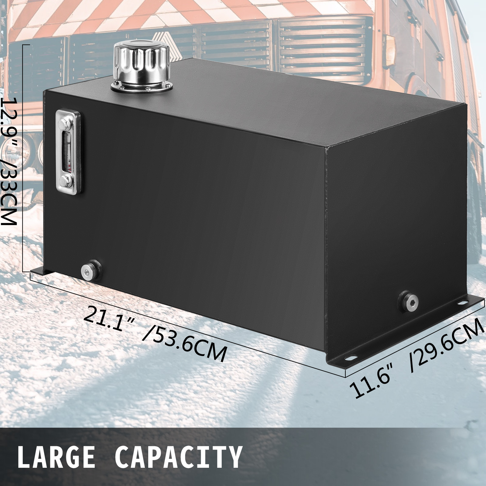 VEVOR hydraulic fluid tank with large capacity, 21.1" x 11.6" x 12.9" dimensions.