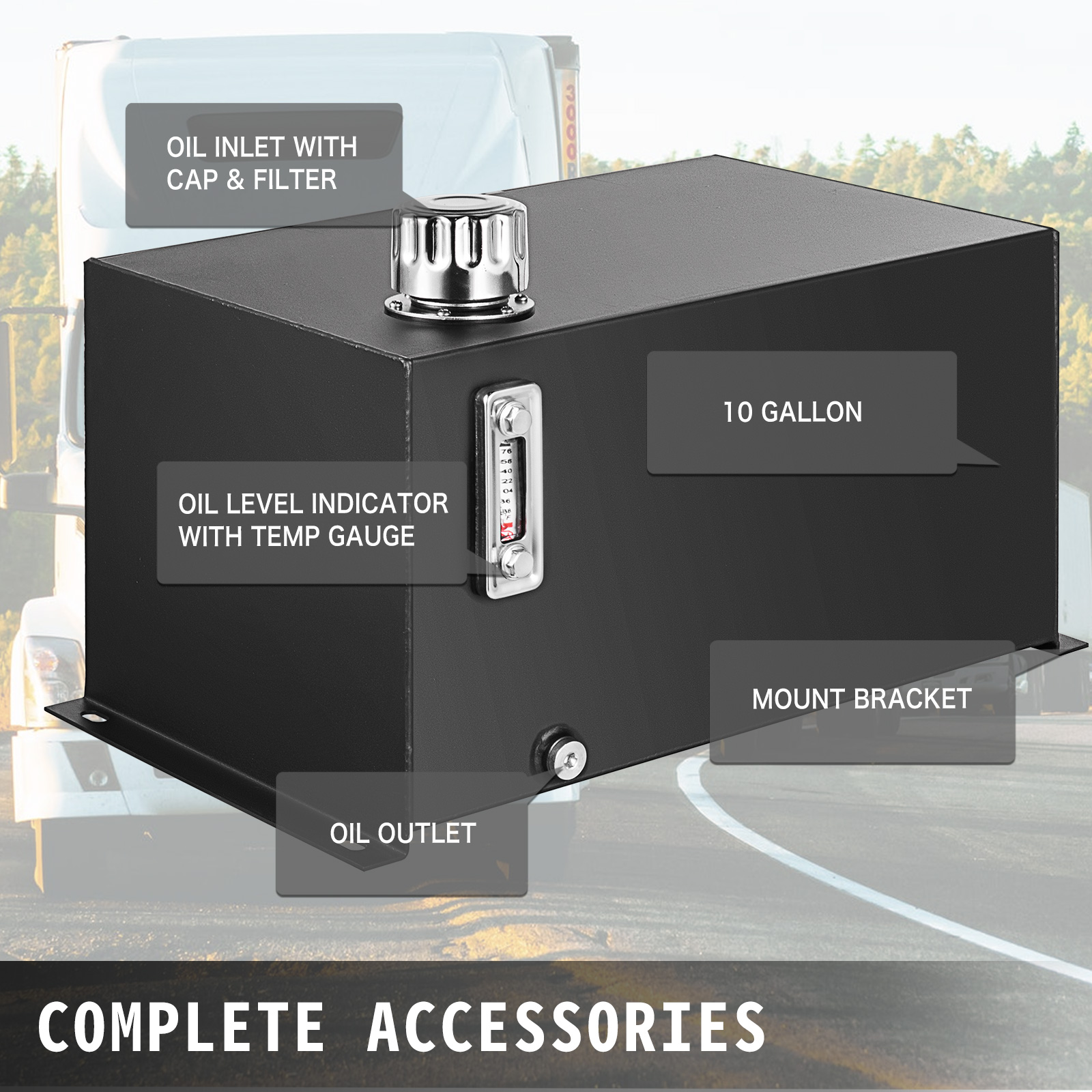 VEVOR hydraulic fluid tank with oil inlet, level indicator, mount bracket, and outlet.