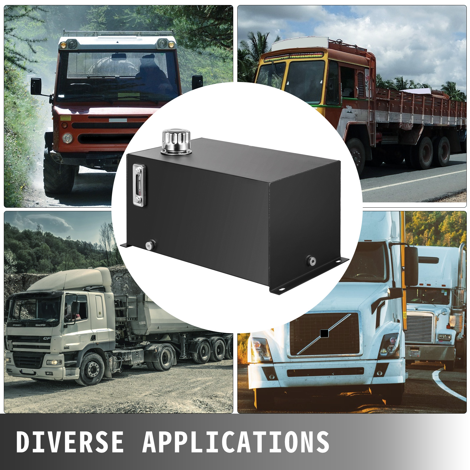 VEVOR hydraulic fluid tank shown with various truck applications in diverse environments.