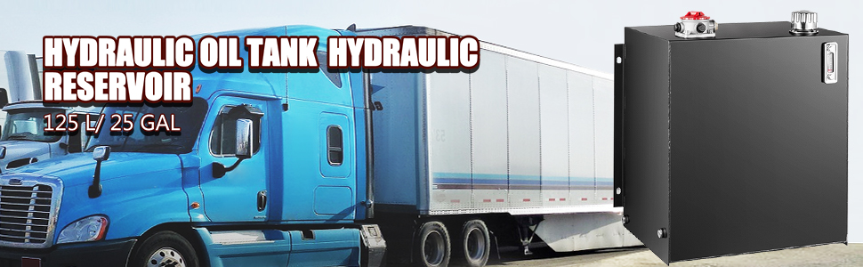 VEVOR hydraulic oil tank next to a blue semi-truck, 125l/25gal capacity.