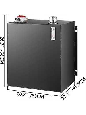 black VEVOR hydraulic oil tank with dimensions 26.7