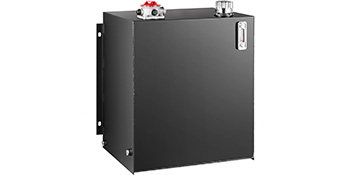 black VEVOR hydraulic oil tank with indicator gauge and top-mounted fittings.