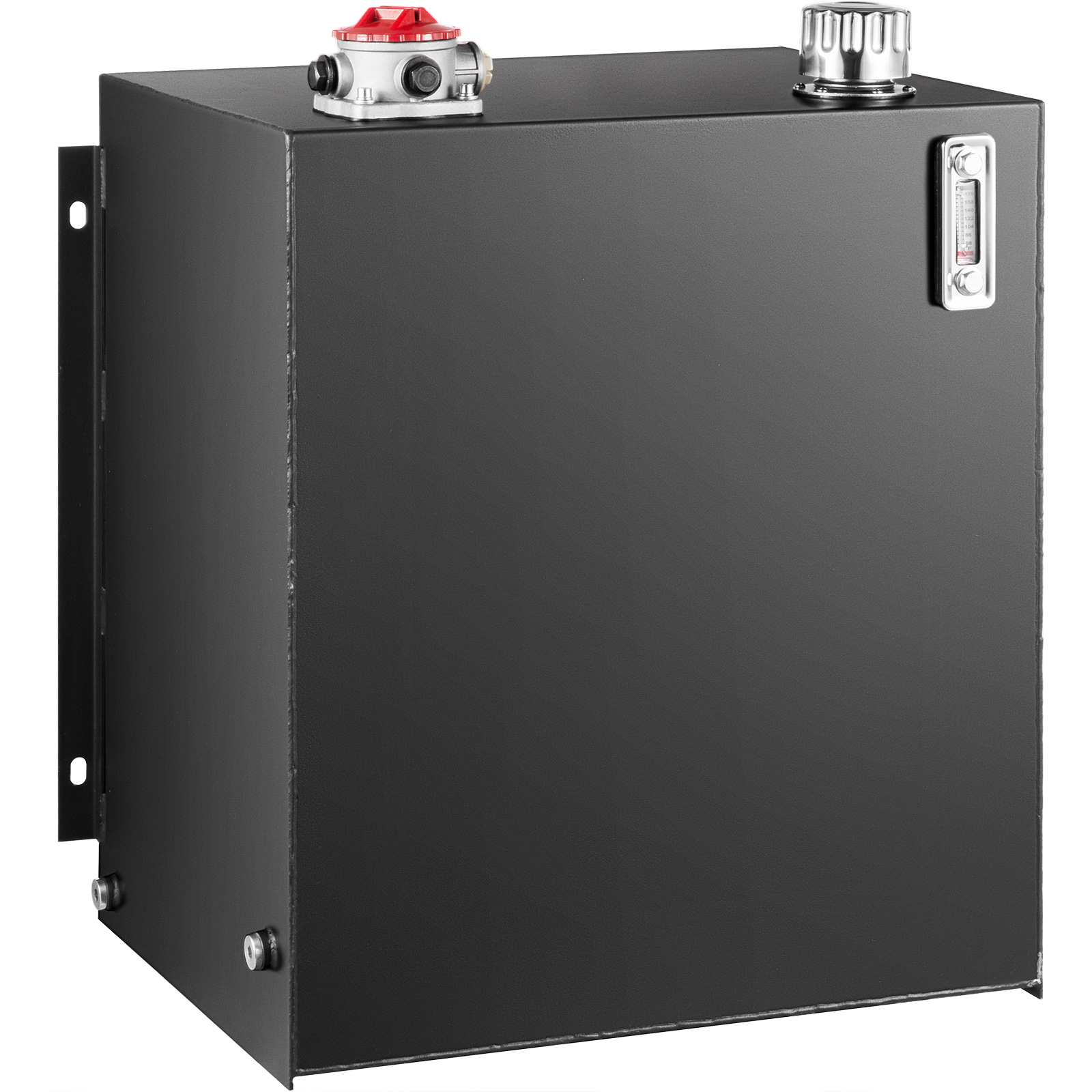 VEVOR hydraulic oil tank with red and silver fittings on top, gauge on the front.