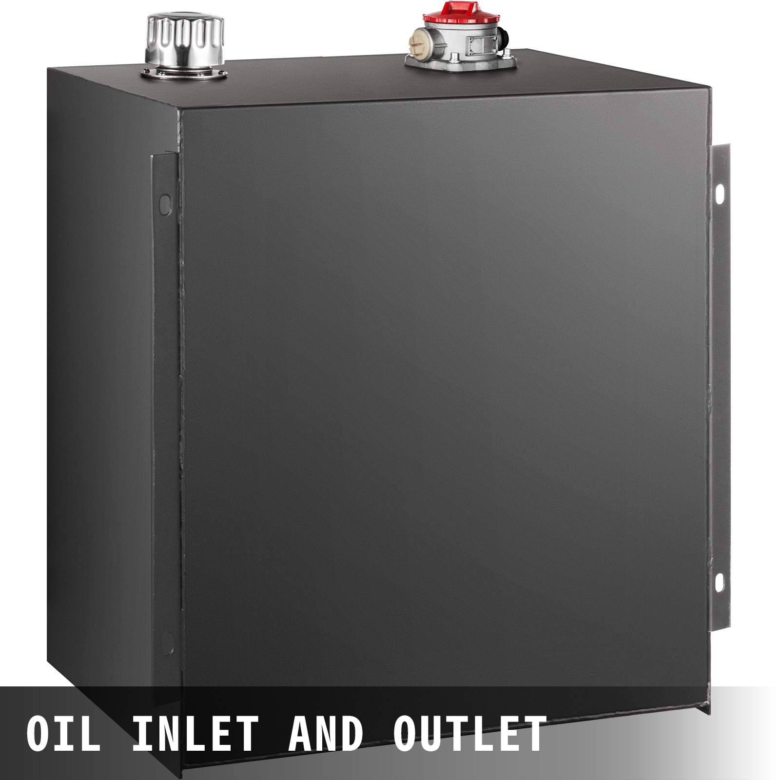 black VEVOR hydraulic oil tank with oil inlet and outlet on top.