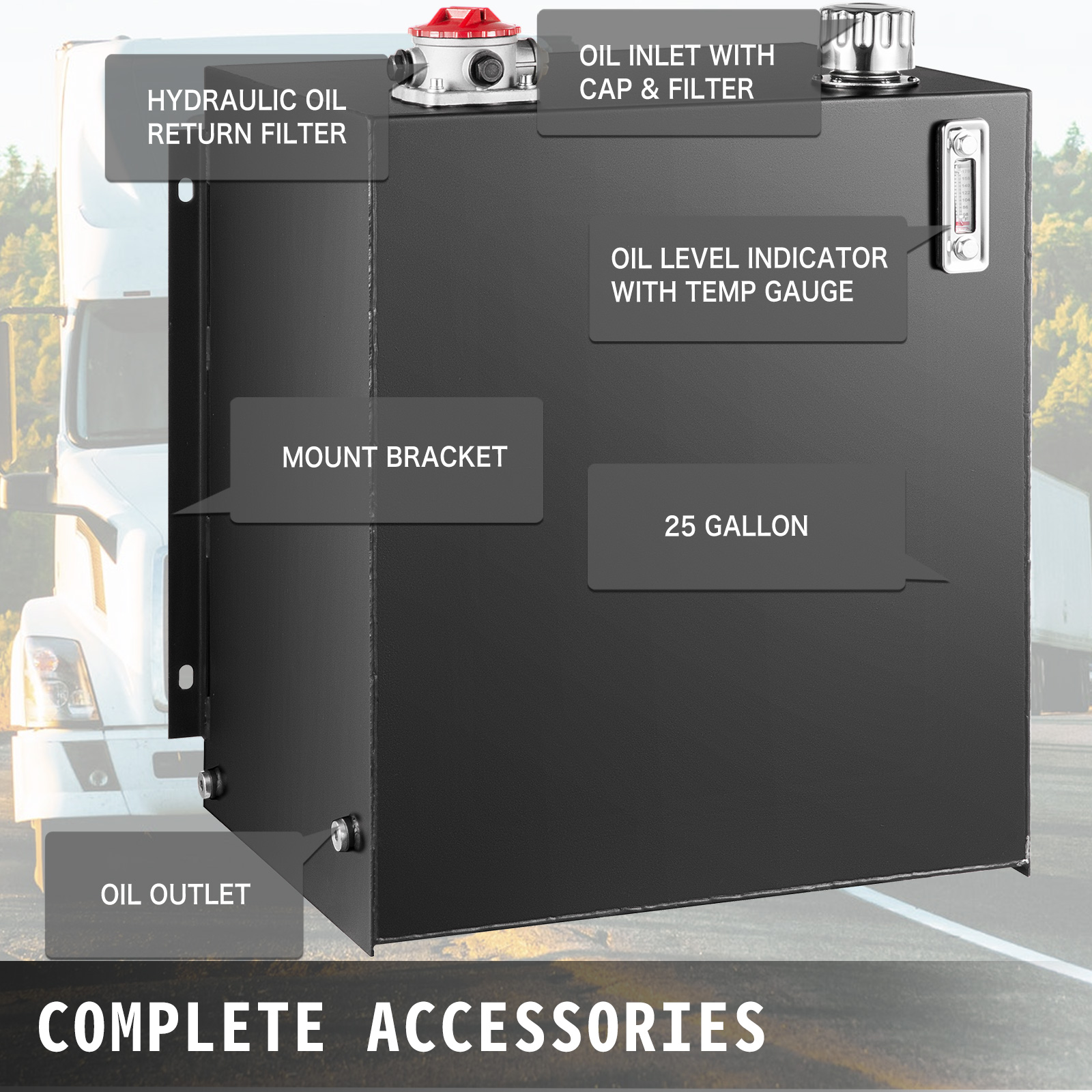 VEVOR hydraulic oil tank, 25 gallon with filters, temp gauge, bracket, and outlet.