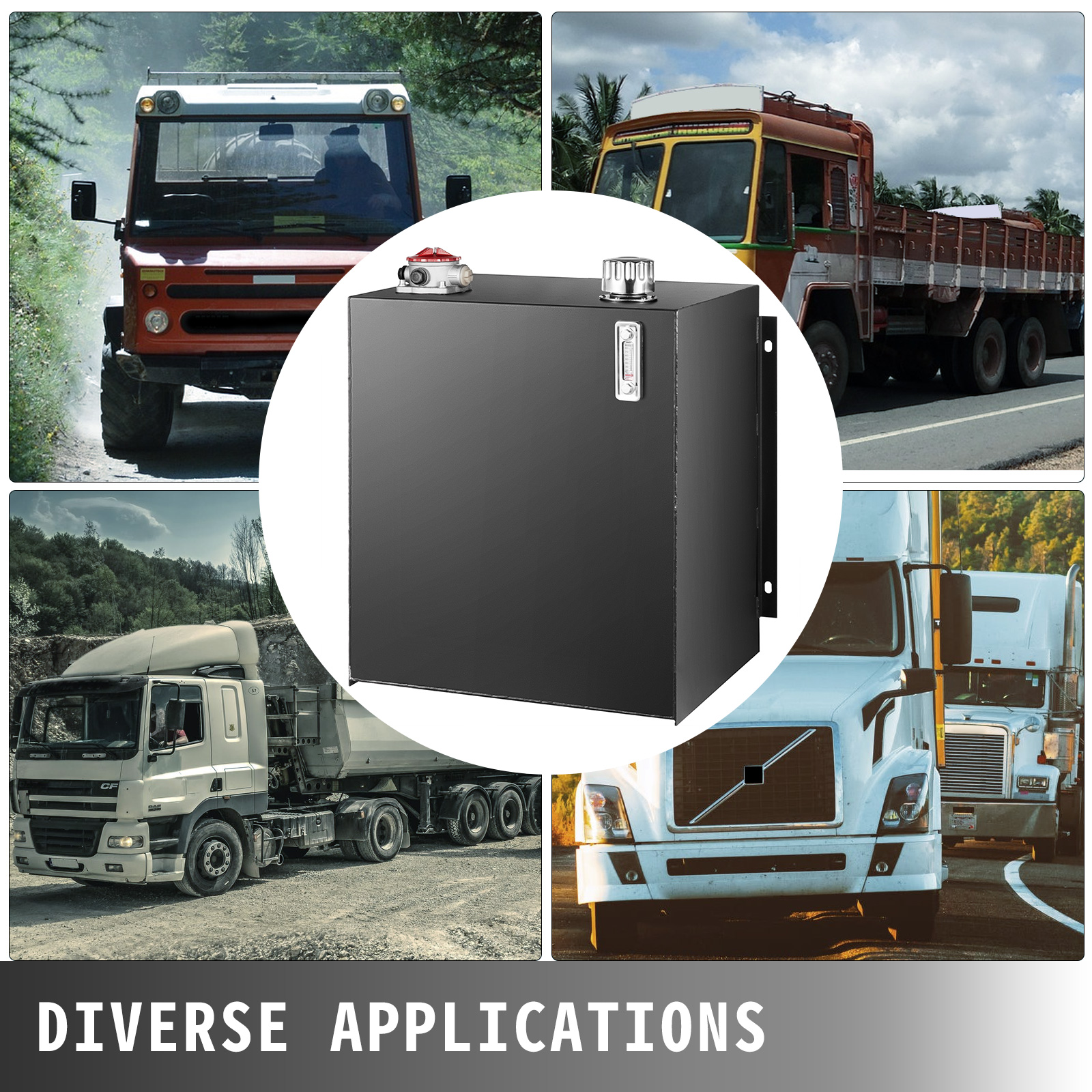 VEVOR hydraulic oil tank with diverse truck applications in varied environments.