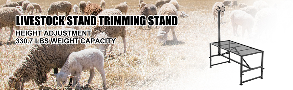 VEVOR livestock trimming stand with height adjustment and 330.7 lbs weight capacity.
