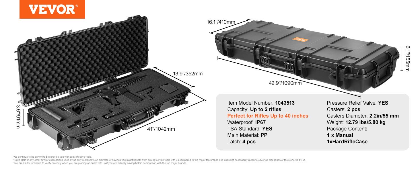 VEVOR tactical range case, waterproof hard case for rifles, tsa standard with customizable foam.