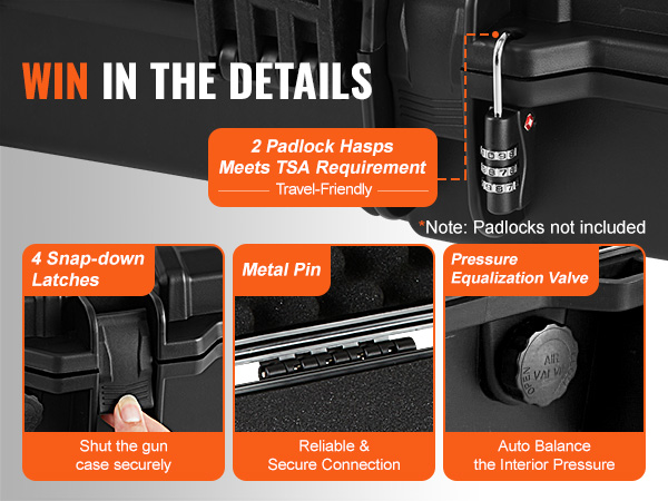 VEVOR tactical range case with 4 snap-down latches, tsa locks, and pressure equalization valve.