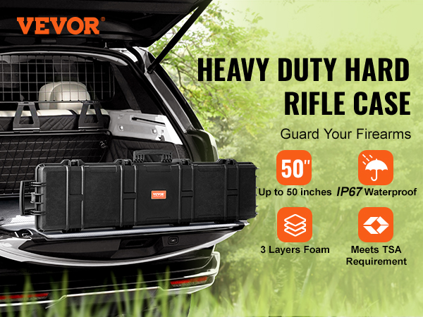 VEVOR tactical range case in a vehicle trunk, heavy-duty, waterproof, meets tsa requirements.