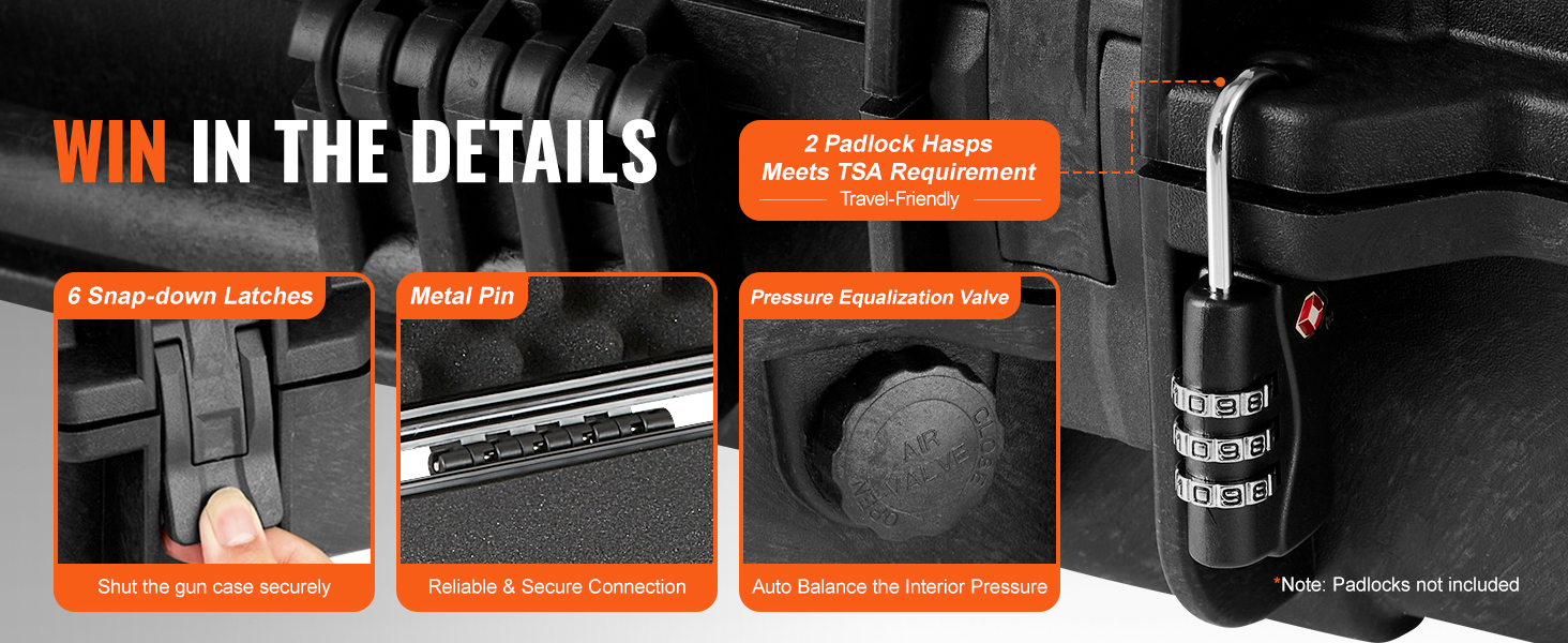 VEVOR tactical range case features 6 snap-down latches, metal pin, and tsa-approved padlock hasps.