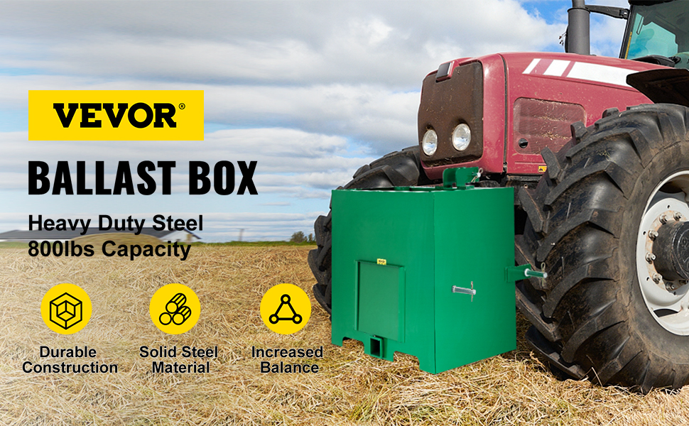 VEVOR 3 point ballast box attached to red tractor in a field, durable steel construction.