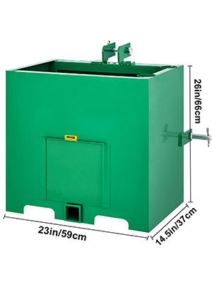 VEVOR 3 point ballast box, green, 23in wide, 14.5in deep, 26in tall.
