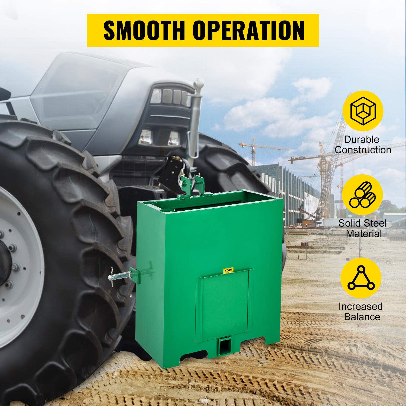 VEVOR 3 point ballast box attached to tractor, emphasizing durability and balance.