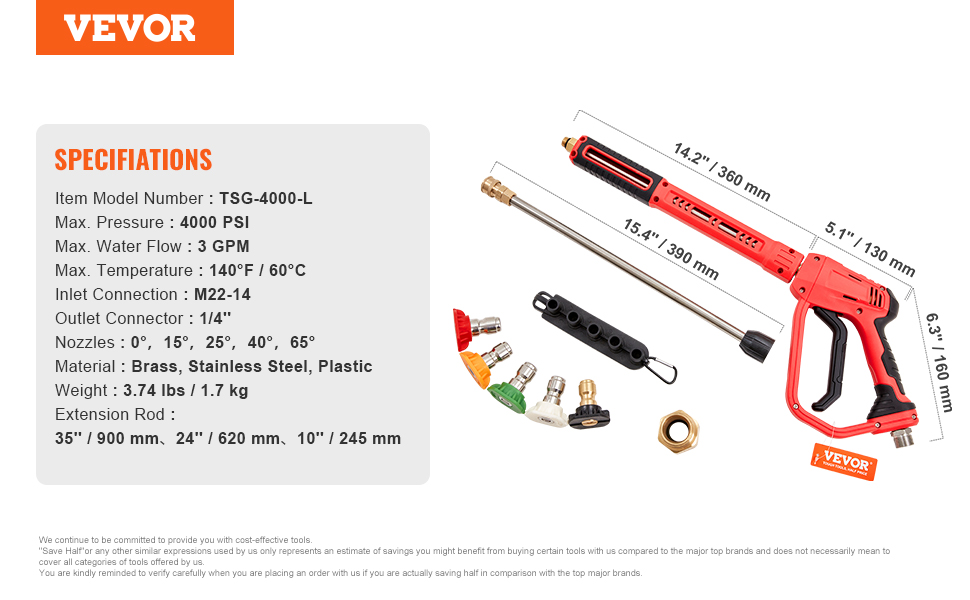 VEVOR high pressure washer gun with specifications and various nozzle attachments displayed.