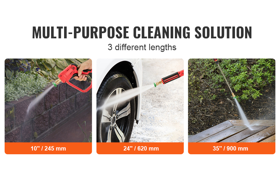 VEVOR high pressure washer gun in 10, 24, and 35-inch lengths for versatile cleaning tasks.