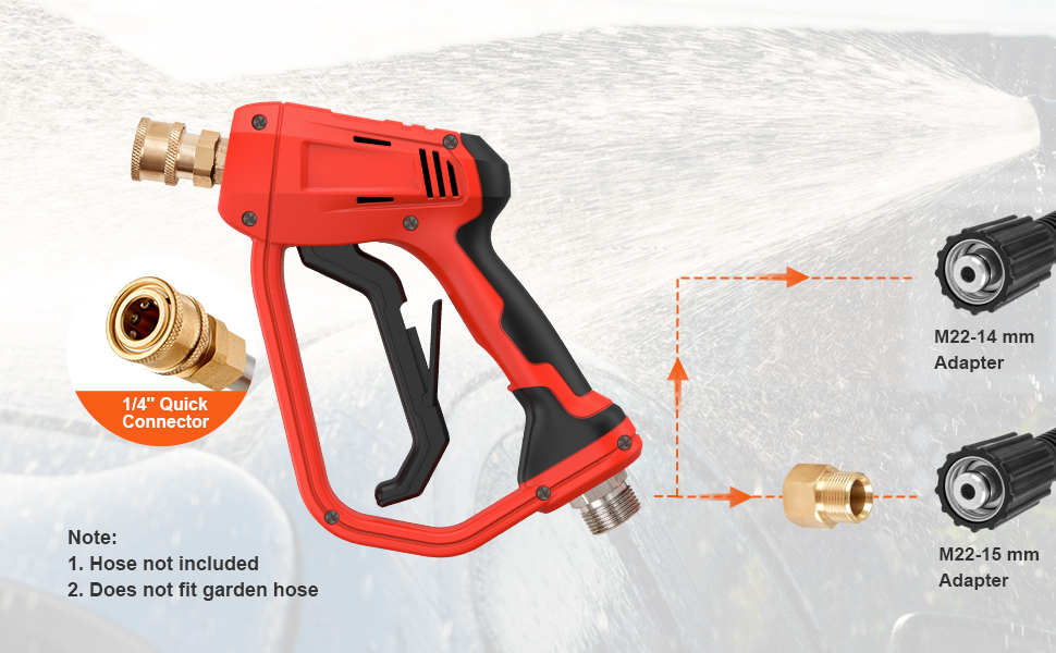 VEVOR high pressure washer gun with quick connector, adapters, and water spray background.