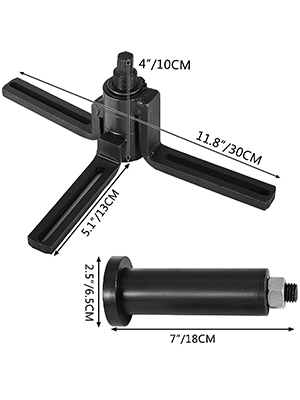 VEVOR kloķvārpstas sadalītājs ar marķētiem izmēriem: 4"/10cm, 11,8"/30cm, 5,1"/13cm, 2,5"/6,5cm, 7"/18cm.