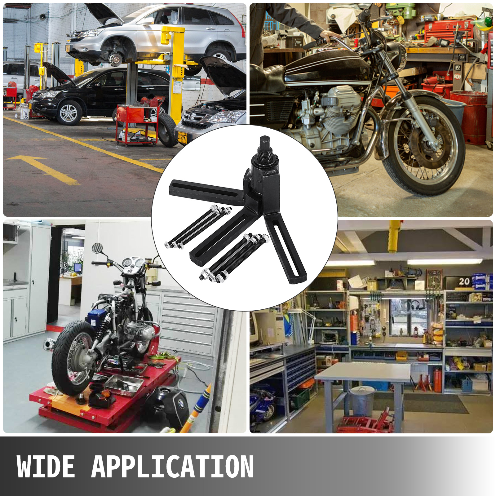VEVOR crankcase splitter used in various automotive and motorcycle workshops.