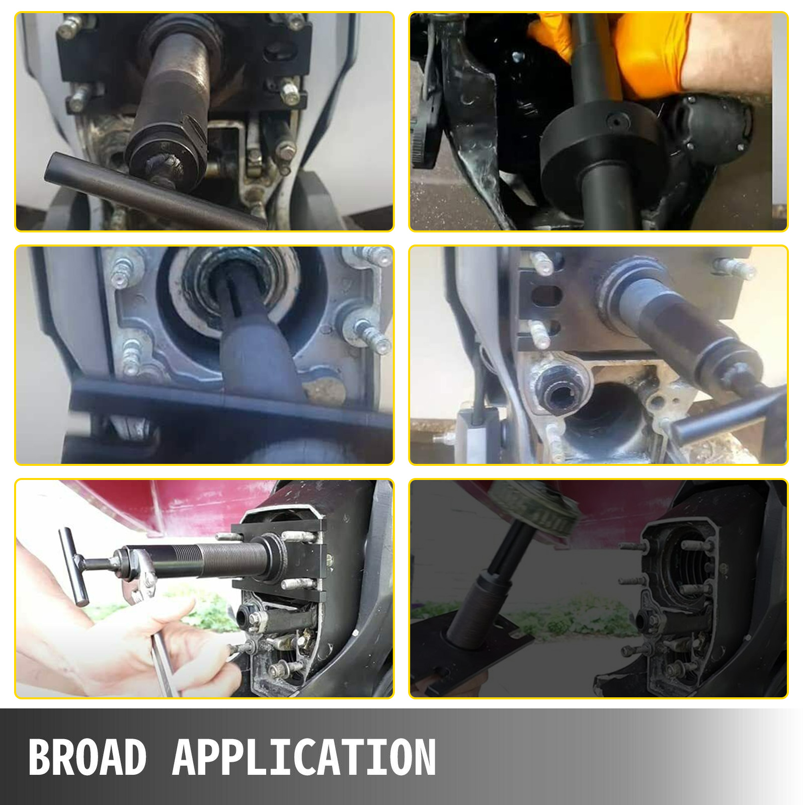 VEVOR gimbal bearing installer tool in various marine engine installation scenarios.