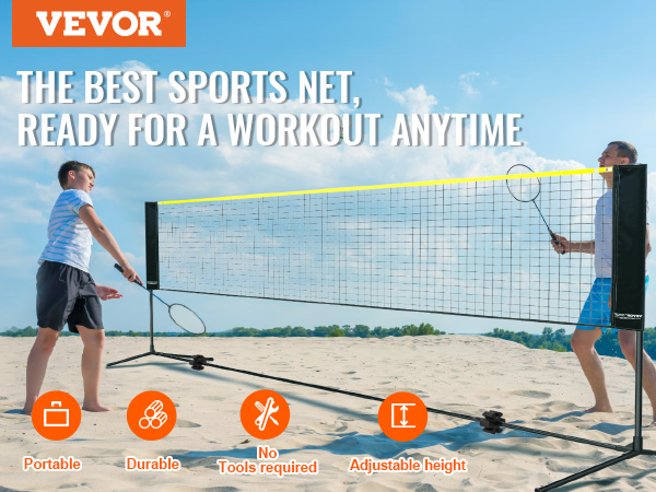 VEVOR badminton volleyball net on a sandy beach, portable and adjustable for outdoor sports.
